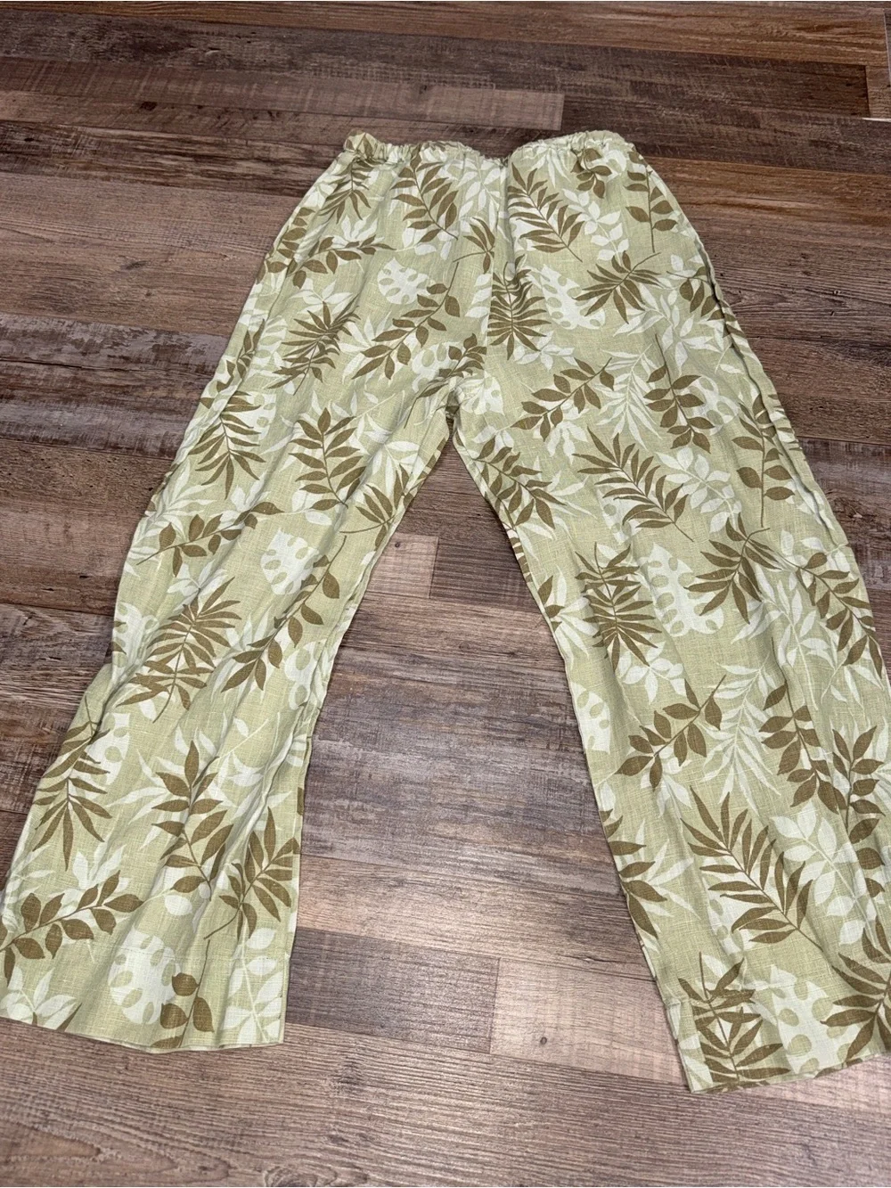 Kathleen Sommers Linen Cropped Linen Pants Size 8 Green Leaf Print Lightweight
